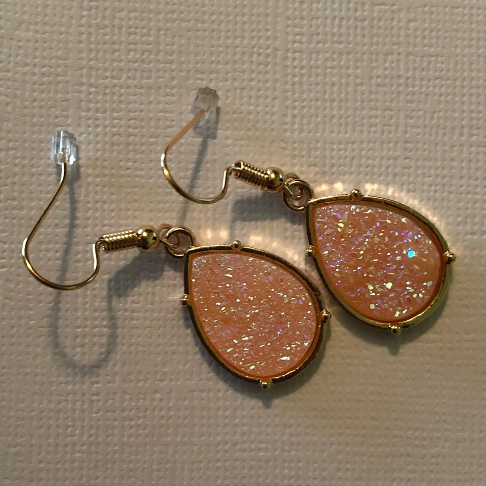 Gold and coral/pink teardrop gem druzy earrings